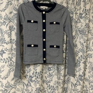 Women's Navy and White Striped Button Down Ribbed Cardigan